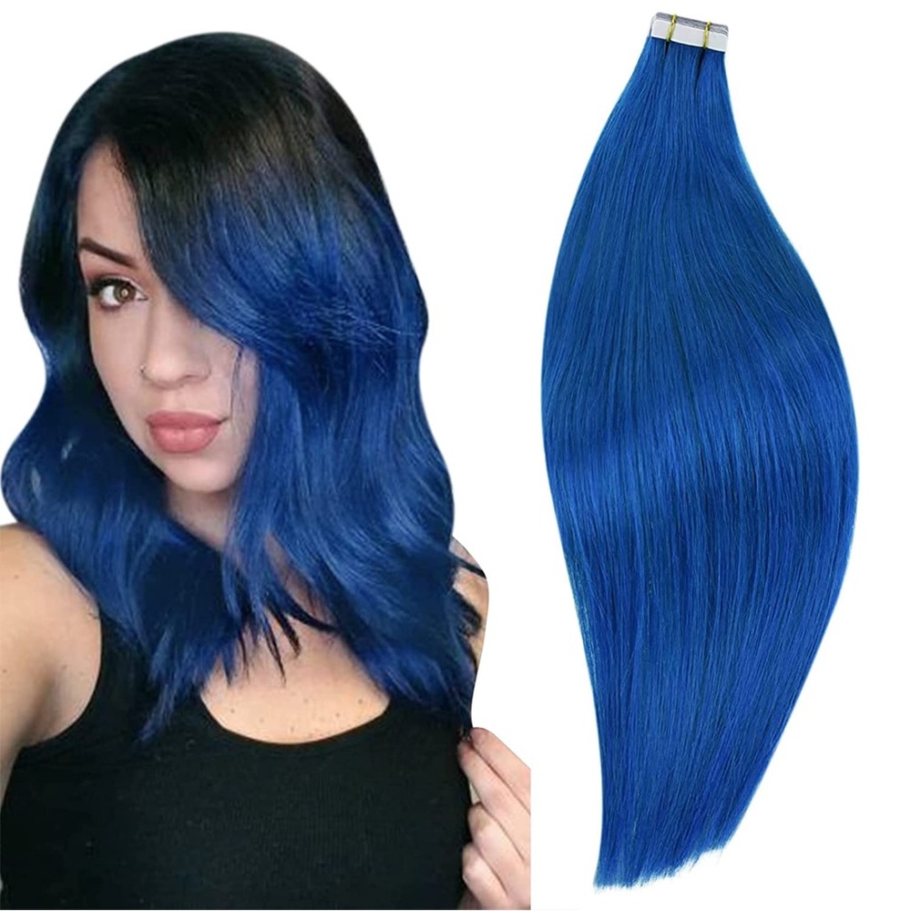 HUMAN HAIR Bright Blue Tape In Extensions 18in 25g